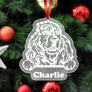 May include: White silhouette of a dog with the name "Charlie" printed below. The ornament is made of clear acrylic and has a red ribbon attached.