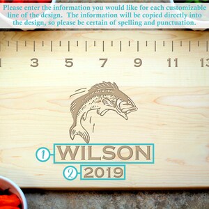May include: A wooden cutting board with a fish design, a ruler, and the text "① WILSON ② 2019".