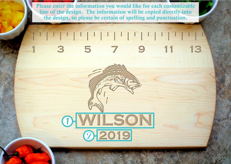 May include: A wooden cutting board with a fish design, a ruler, and the text "① WILSON ② 2019".