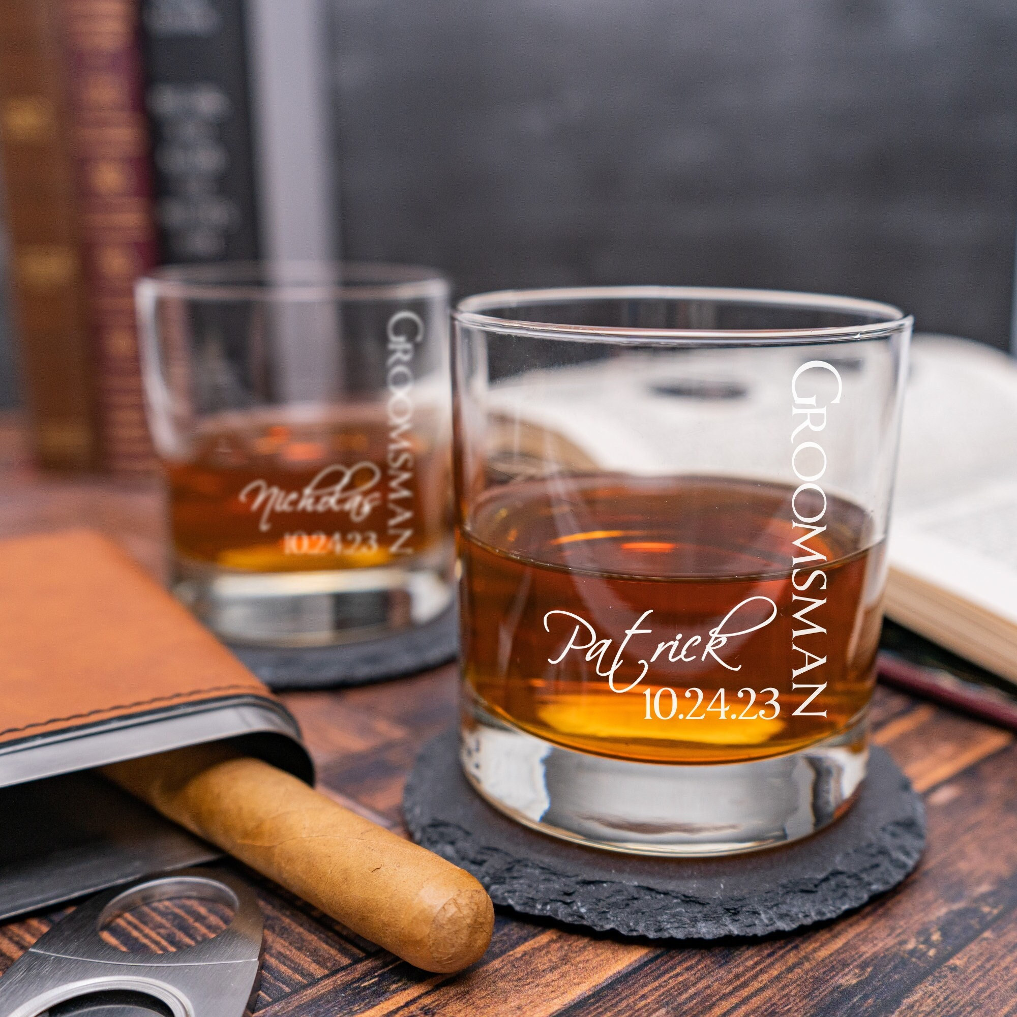 Snute Double-wall Stainless Steel Whiskey glasses - Stemless Nosing glass -  gift for Whiskey Lover - Set of 2 (Wood)