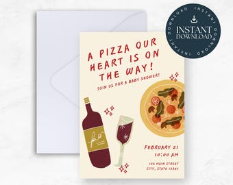 Pizza My Heart Baby Shower Invitation | Pizza Party Theme, Editable Canva Template (Digital Download)
