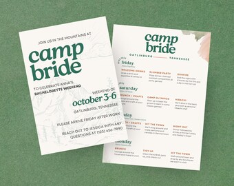 Camp Bride Bachelorette Invitation & Itinerary, Cabin Weekend, Editable Canva Template (Digital Download