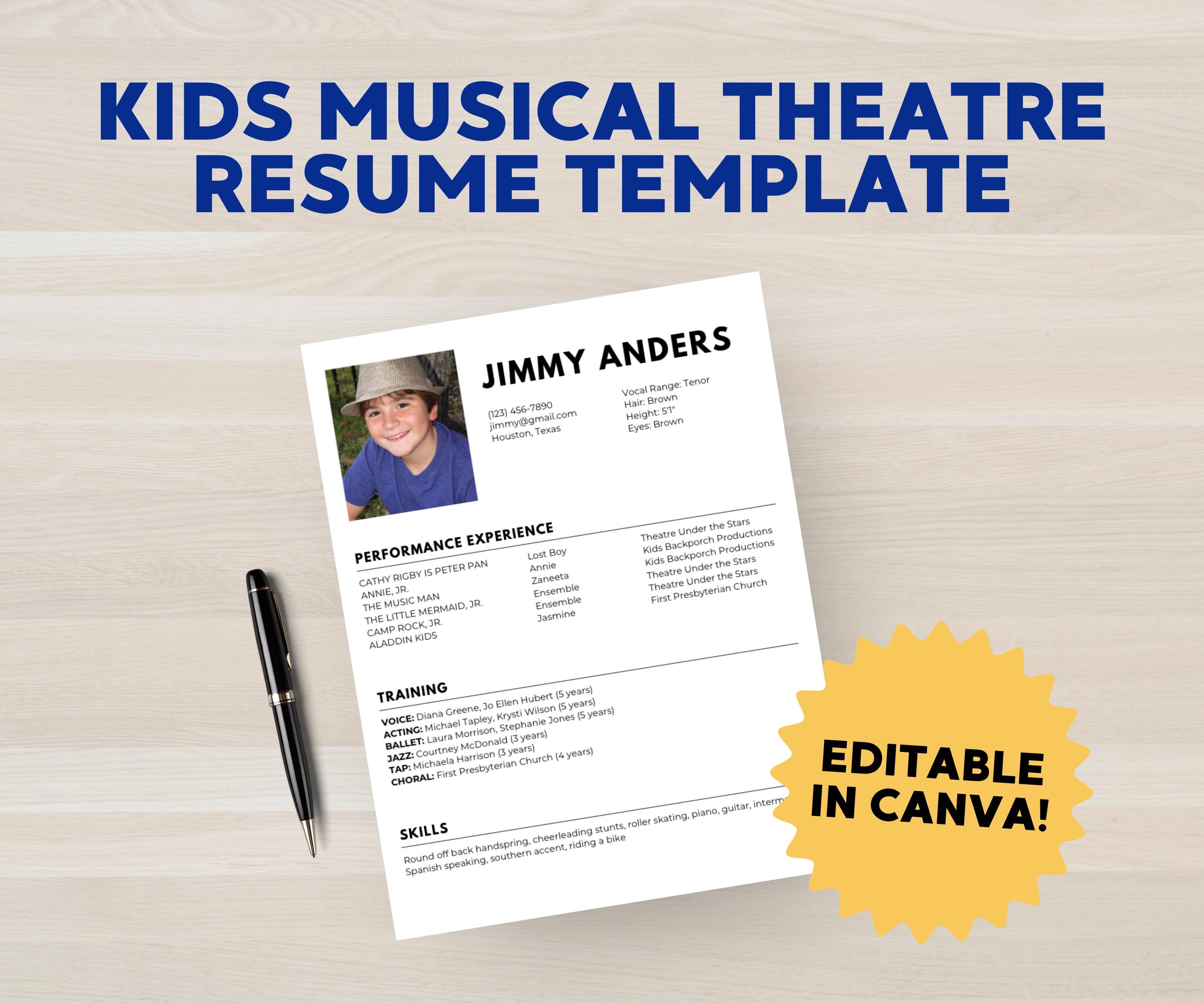 Kids Acting Resume Template | Editable Youth Performer CV (canva File ...