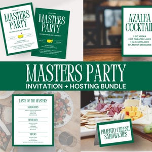 以下が含まれることがあります： マスターズパーティーの招待状とホスティングバンドル。招待状は緑と白で、「Masters Party」の文字とイベントの詳細が記載されています。食べ物や飲み物のメニューカード、カクテルのレシピも含まれています。