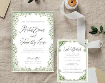 Ornate Green Scroll Wedding Invitation Template, Editable Canva Suite (5x7) (Digital Download)