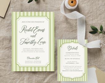 Sage Green Stripe Wedding Invitation Template | Elegant Canva Suite