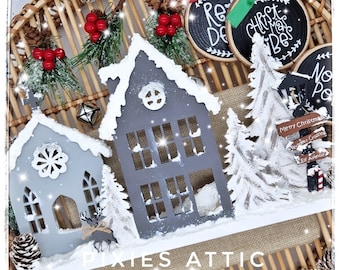 Wooden Christmas Village with lights, Fireplace Decoration for Christmas, Snowy Christmas Ornament, Christmas Decor