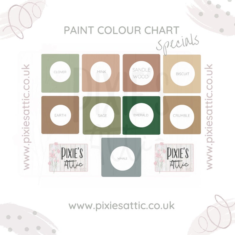 May include: A paint color chart featuring a grid of color swatches with names like Clover, Mink, and Emerald. The chart includes the text "Paint Colour Chart Specials" and the website address www.pixiesattic.co.uk.