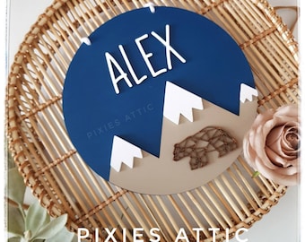 Mountain Polar Bear Door Sign, Nursery Name Sign for Boy, Nursery Decor, Personalised Round Sign, Toddler Decor for Nursery