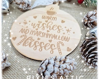 Marshmallow Kisses Wooden Bauble, Natural Christmas Tree Decoration, Christmas Decor, Wooden Home Decor, Family Celebrations, Seasonal Decor