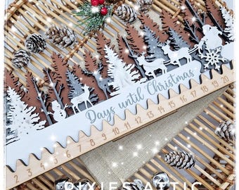 Wooden Christmas countdown Calendar, Rustic Woodland Advent Decor with Snowflake Marker, Woodland Scene Holiday Sign
