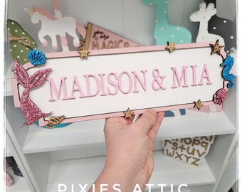 Personalised Mermaid Street Sign, Wooden Name Plaque for Girls Bedroom, Under the Sea Room Decor