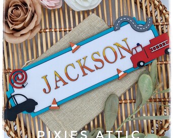 Wooden Personalised Fire Truck Street Sign, Boys Bedroom Name Plaque, Firefighter Room Decor