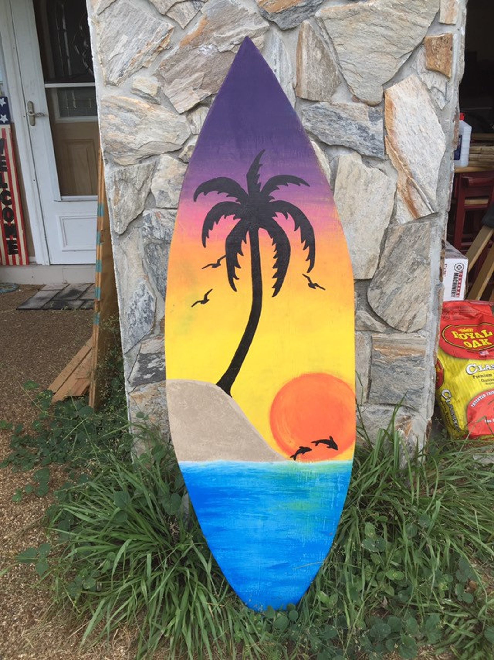Hand painted beach scene on solid wood surfboard wall decor Etsy