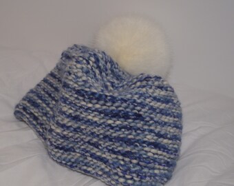 Blue speckled stripe soft faux fur pom pom beanie