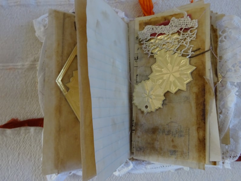 Vintage lace Christmas junk journal with Gold Stars