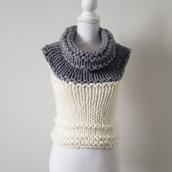 Pull, snood, capuche femme 3 en 1 reversible laine tricot, col, chunky, fait main, vêtements hiver