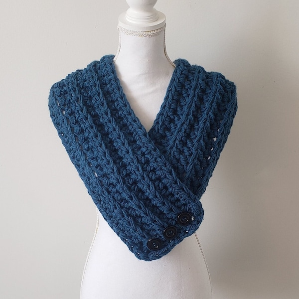 Tour de cou au crochet, snood, écharpe circulaire, foulard, tresses, châle, col, vêtements d'hiver, en laine, main, femme, couleur bleu