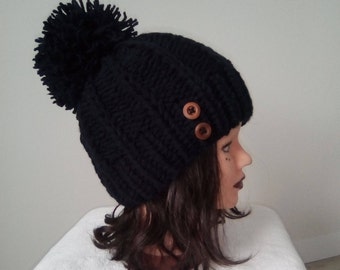 Beanie, bonnet woman, wool teenager knitted hand - hat - winter clothings - Large pompom and button of wood - Handmade knitwear - beanie