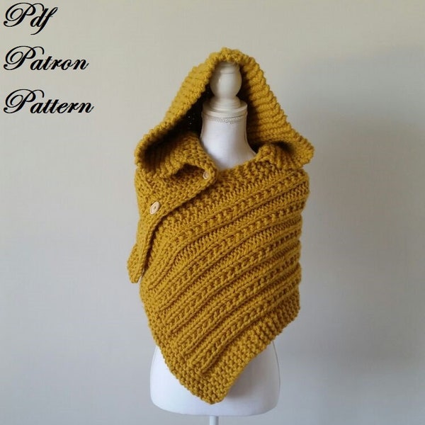 Pdf Patron Tricot, Knitting Pattern, Poncho femme laine, cape, col roulé, chunky, gilet, manteau veste yellow, châle, boutons en bois, hiver