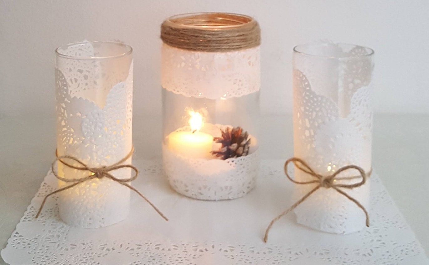 Ensemble 3 Vases Cylindriques en Verre, Photophores Dentelle Porteur de Bougie Bougeoir, Centre Tabl