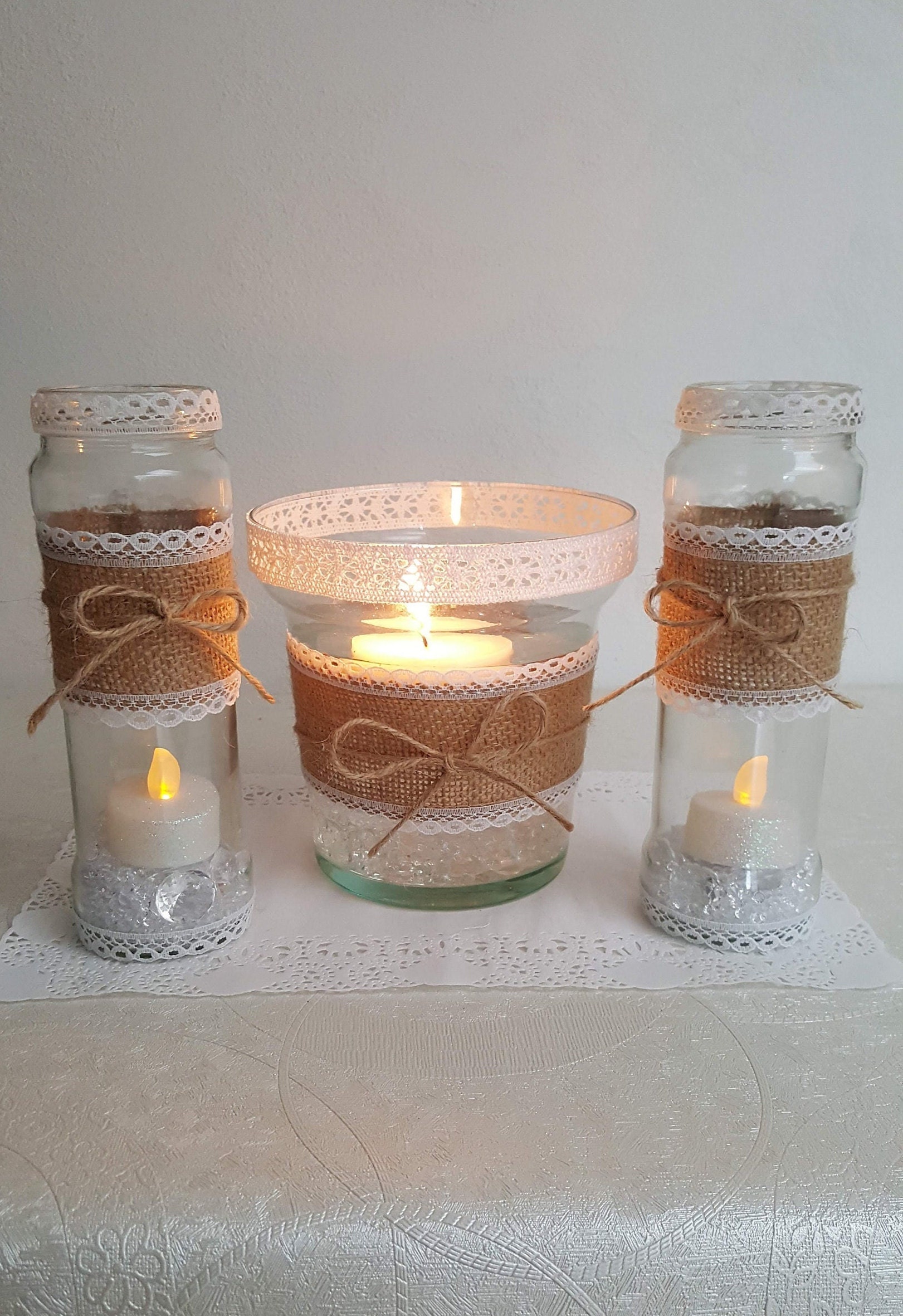 Ensemble 3 Vases Cylindriques en Verre, Photophores Dentelle Porteur de Bougie Bougeoir, Centre Tabl