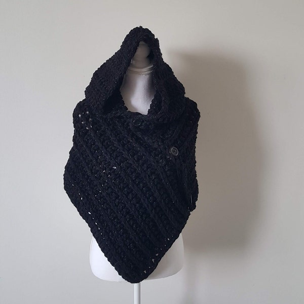 Poncho femme laine crocheté, cape, capot, capuche, col, chunky, gilet fait main, manteau veste, boutons brillant, vêtements hiver