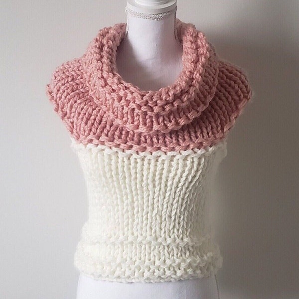 Pull, snood, capuche femme 3 en 1 reversible laine tricot, col, chunky, fait main, vêtements hiver