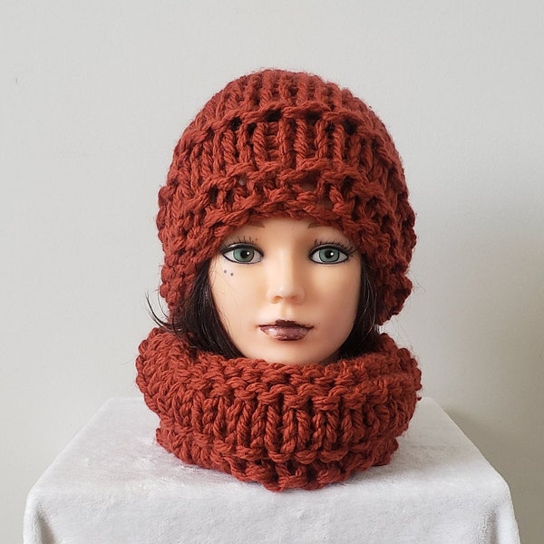 Ensemble BONNET + COL, foulard, tricot  adulte, châle, écharpe circulaire,  laine, tricot, snood, grosses mailles, ROUILLE