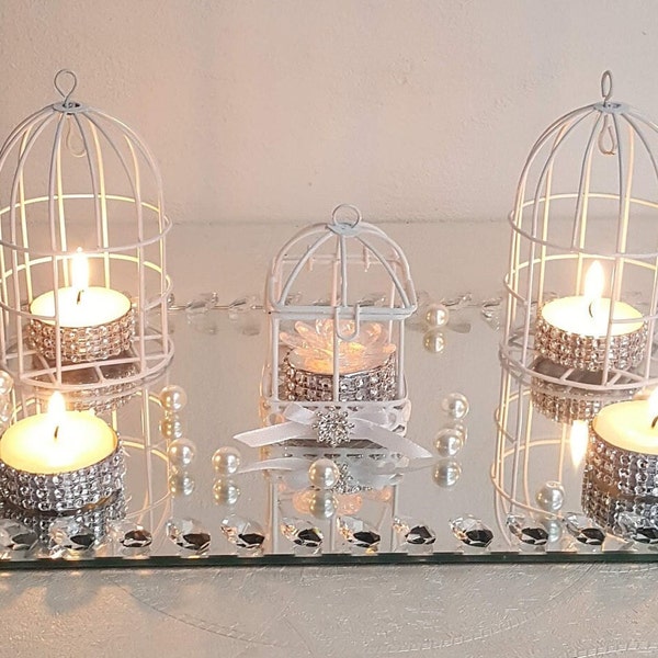 Lot décoration bougeoir, photophore, bougies, cages d'oiseaux, plateau miroir en strass, arrangement, cadeau,hiver, anniversaire, vase