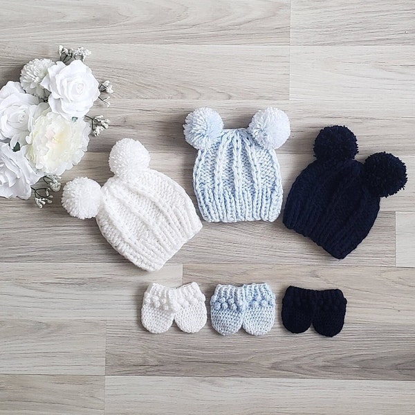 Ensemble Bonnet Mickey et moufles pour bébé de 0 à 3 mois, Naissance, enfant pompon en laine tricoté main, vêtements d'hiver, chapeau