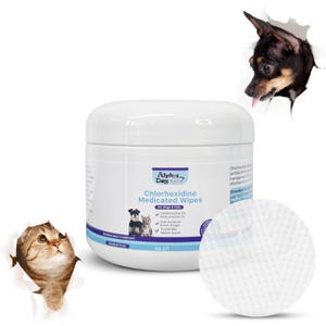 May include: A white container of Alpha Dog Chlorhexidine Medicated Wipes for dogs and cats. The label includes the product name, a blue stripe, and illustrations of a dog and cat. A single wipe is shown, along with a dog and cat peeking through torn paper.