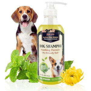 Alpha Dog Series Natural Herbal Flea & Tick Grooming Shampoo, Tear Free, pH-Balanced, Itch and Bite Relief for Sensitive Skin - 26.4 oz.