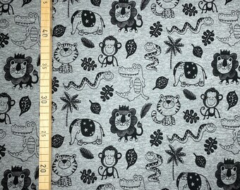 Jersey Jungle Animals - Dark Grey - 16.50 EUR/Meter - Lion - Tiger - Snake - Elephant - Crocodile - Monkey - Children's Fabric - Jersey Fabric