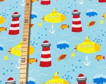 Jersey U Boot - Leuchtturm - 16,50 EUR/m - hellblau - Yellow Submarine - Fische - Anker