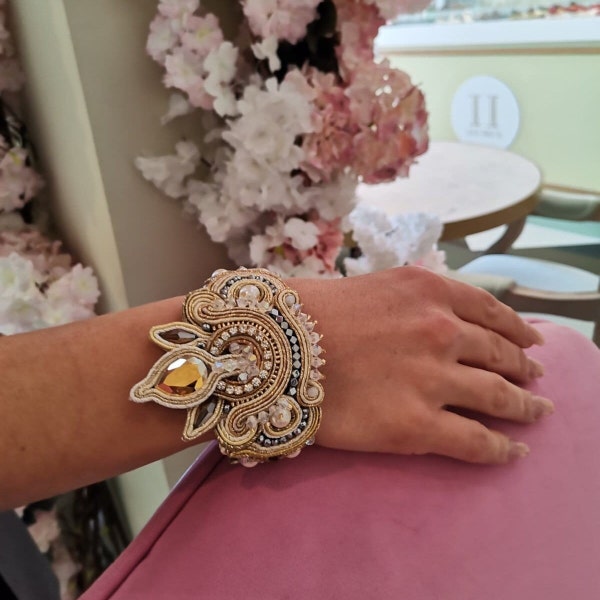 Bracciale da sposa in oro Soutache, polsino ricamato con perline, braccialetto Soutache di tendenza, polsino da sera elegante