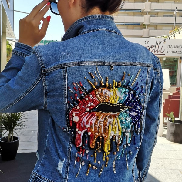 SOLD OUT Red Lips Jeans Jacket, Embroidered Jeans Jacket, Pearls Jeans Jacket, Pearl Denim Jacket, Unique Jeans Jacket, Jeansjacke