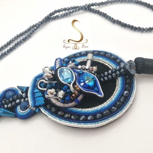 Long Blue Soutache Necklace, Blue Swarovski Necklace, Blue Black Fancy Pendant, Tassel Blue Pendant, Long Boho Cristal Necklace image 8