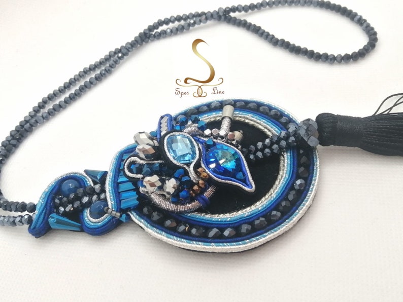 Long Blue Soutache Necklace, Blue Swarovski Necklace, Blue Black Fancy Pendant, Tassel Blue Pendant, Long Boho Cristal Necklace image 8