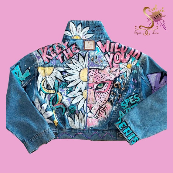 Custom Unique Hand painted Denim Jacket pink Panther Daisies Jungle Evil Eyes Etsy UK