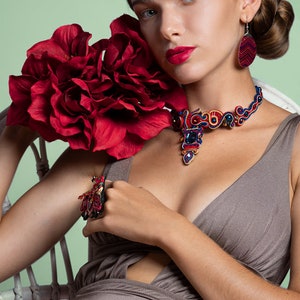 Handmade Soutache Necklace, Red Statement Necklace, Bold Jewelry for Women, Unique Wedding Jewelry, Soutache Collier, Statement Choker