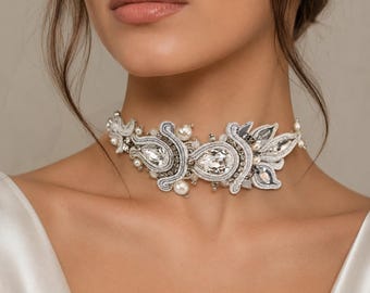 Naszyjnik typu choker, luksusowy perłowy kryształ, dodatek ślubny, biały sutasz, elegancki dodatek dla panny młodej