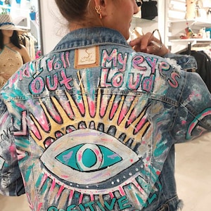 Evil Eye Denim Jacket – Hand Painted Protective Symbol Jacket – Boho Festival Jean Jacket – Unique Statement Streetwear Clothing