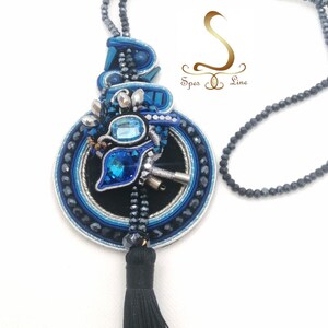 Long Blue Soutache Necklace, Blue Swarovski Necklace, Blue Black Fancy Pendant, Tassel Blue Pendant, Long Boho Cristal Necklace image 7