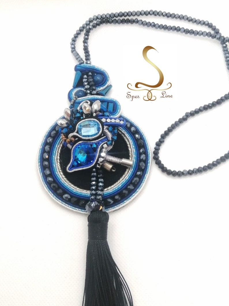 Long Blue Soutache Necklace, Blue Swarovski Necklace, Blue Black Fancy Pendant, Tassel Blue Pendant, Long Boho Cristal Necklace image 7