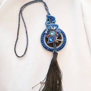 Long Blue Soutache Necklace, Blue Swarovski Necklace, Blue Black Fancy Pendant, Tassel Blue Pendant, Long Boho Cristal Necklace image 2