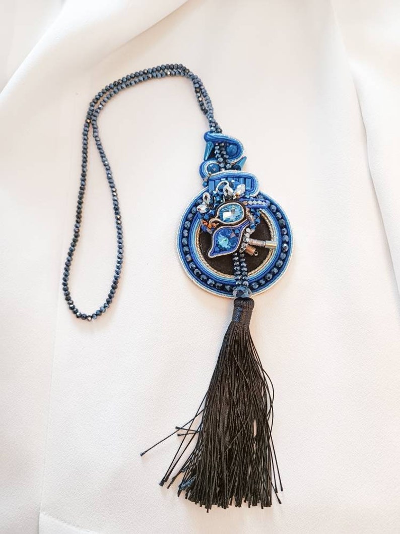Long Blue Soutache Necklace, Blue Swarovski Necklace, Blue Black Fancy Pendant, Tassel Blue Pendant, Long Boho Cristal Necklace image 2