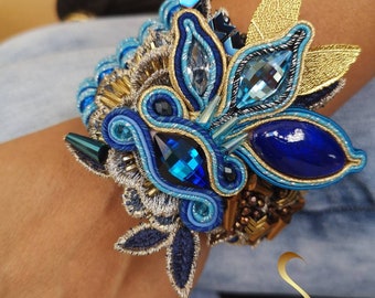 ONLY 1! Swarovski Navy Montana Blue Cristal Bead Bracelet,Gold Bridal Bangle Wrap Bracelet,Leaf Leaves,Marquise Navette,Wedding,Bangle