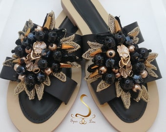 Wedding Sandals For Brides With Pearls Flat Sandals, Slippers With Pearls, Summer Sandals, Embroidered Sandals , Pearls Sandals, Size 41
