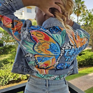 Handpainted Denim Jacket – Colorful Butterfly Pop Art Style
